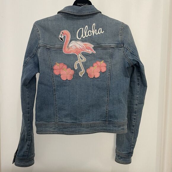 Denim Jean Stretch Jacket Embroidered Flamingo Aloha SZ S/M - Picture 8 of 11